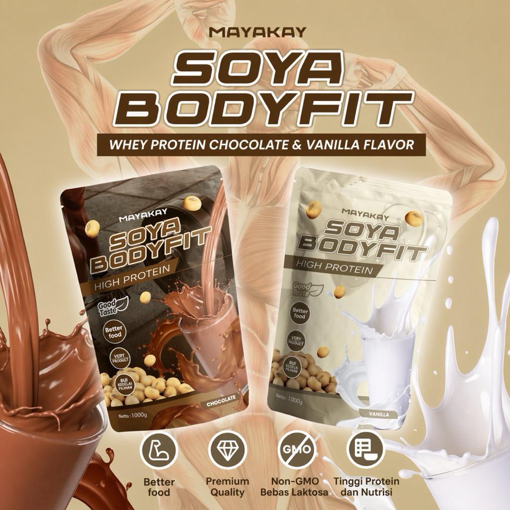 Whey Soya Bodyfit Protein 1kg Vanila & Coklat | Susu Protein Tinggi | Milk Soy Powder untuk Otot & E