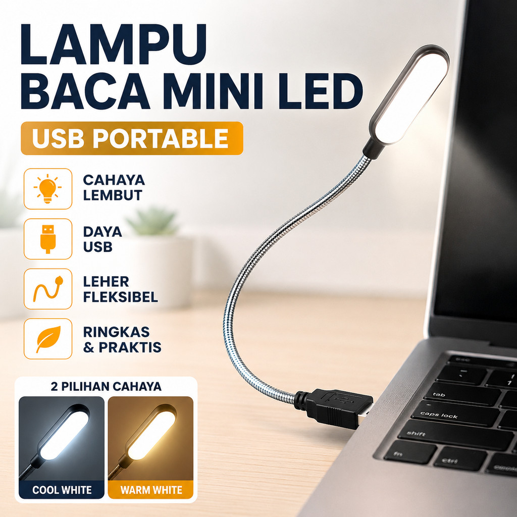 Lampu Baca Mini Led Usb Portable Leher Fleksibel Lampu Laptop Powerbank Belajar Kerja Malam Hari Min
