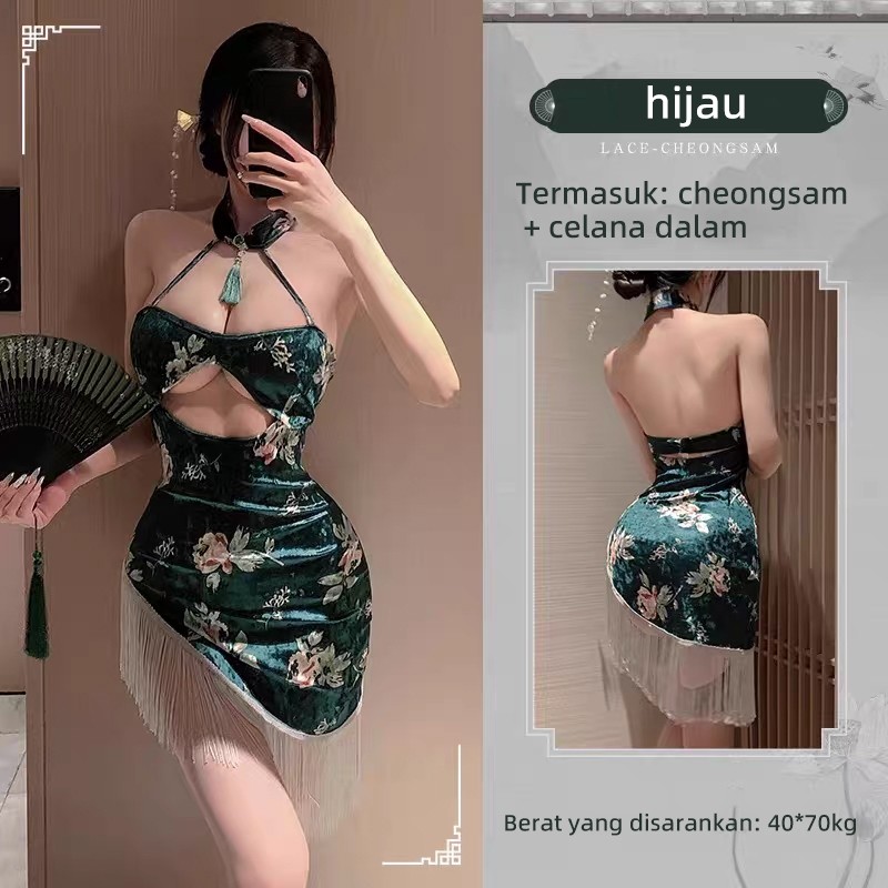 Baju Haram Cheongsam Lingerie Sexy Dress Seksi Wanita Hot Hijau Tua 40-70KG Baju Tidur Seksi