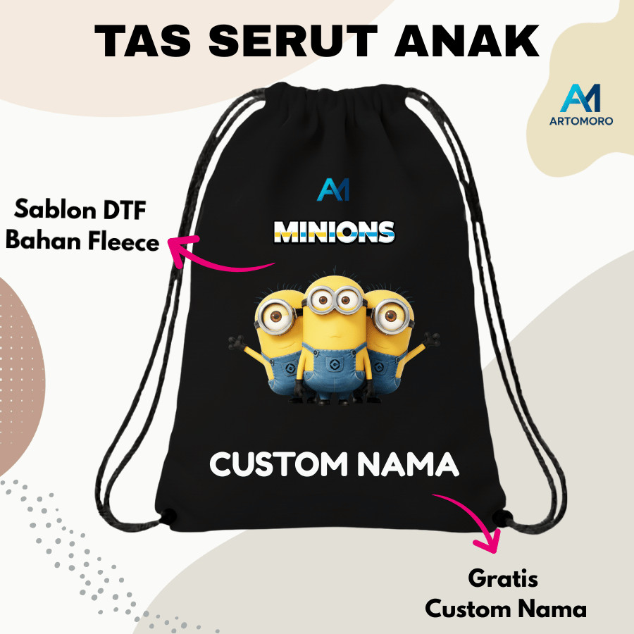 Tas Serut Anak CUSTOM NAMA Motif MINIONS Waterproof