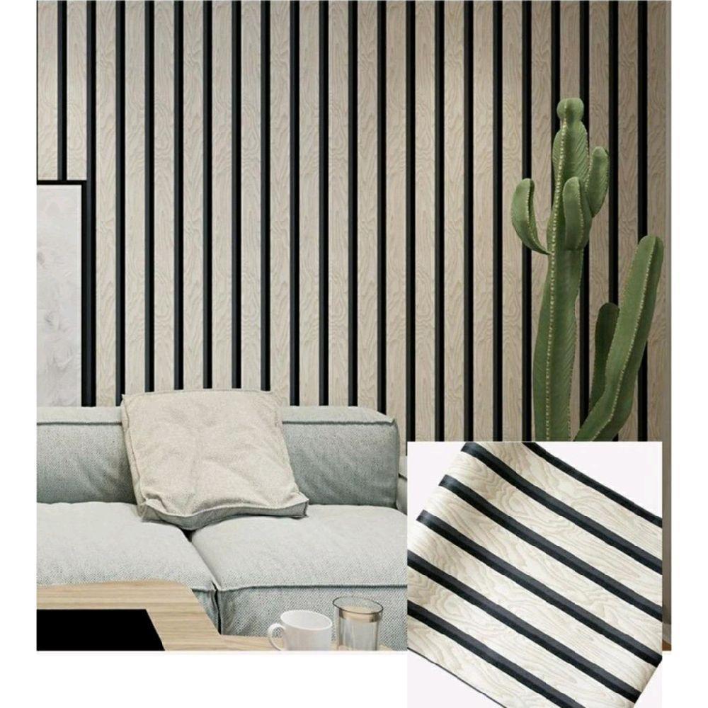 Wallpaper Dinding Ruang Motif Terbaru Panel Kayu Elegan Putih Lis Hitam New