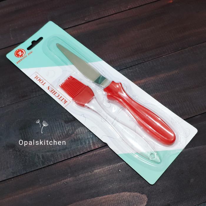 Set Spatula Cake Stainless Dan Kuas Silikon - Merah