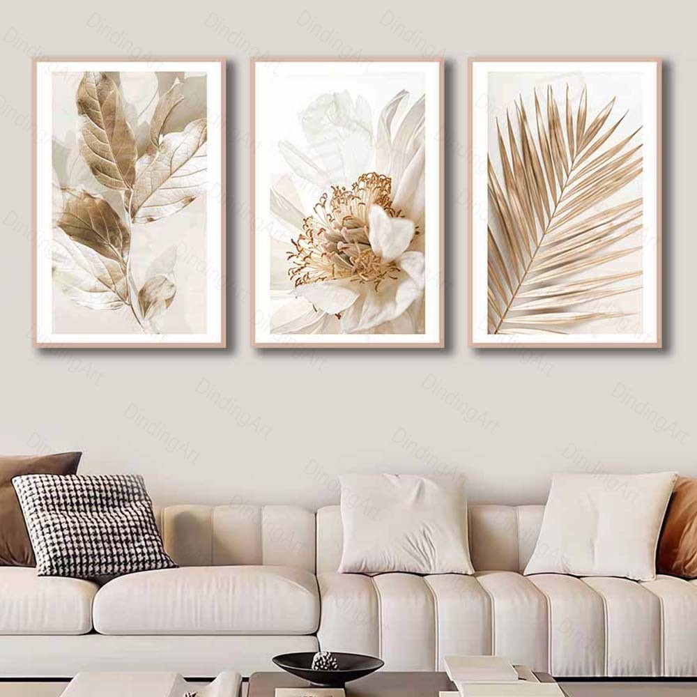 Hiasan Dinding 3 Panel Bunga Daun Emas Besar - Lukisan Nordik Minimalis Aesthetic | Dekorasi Ruang T