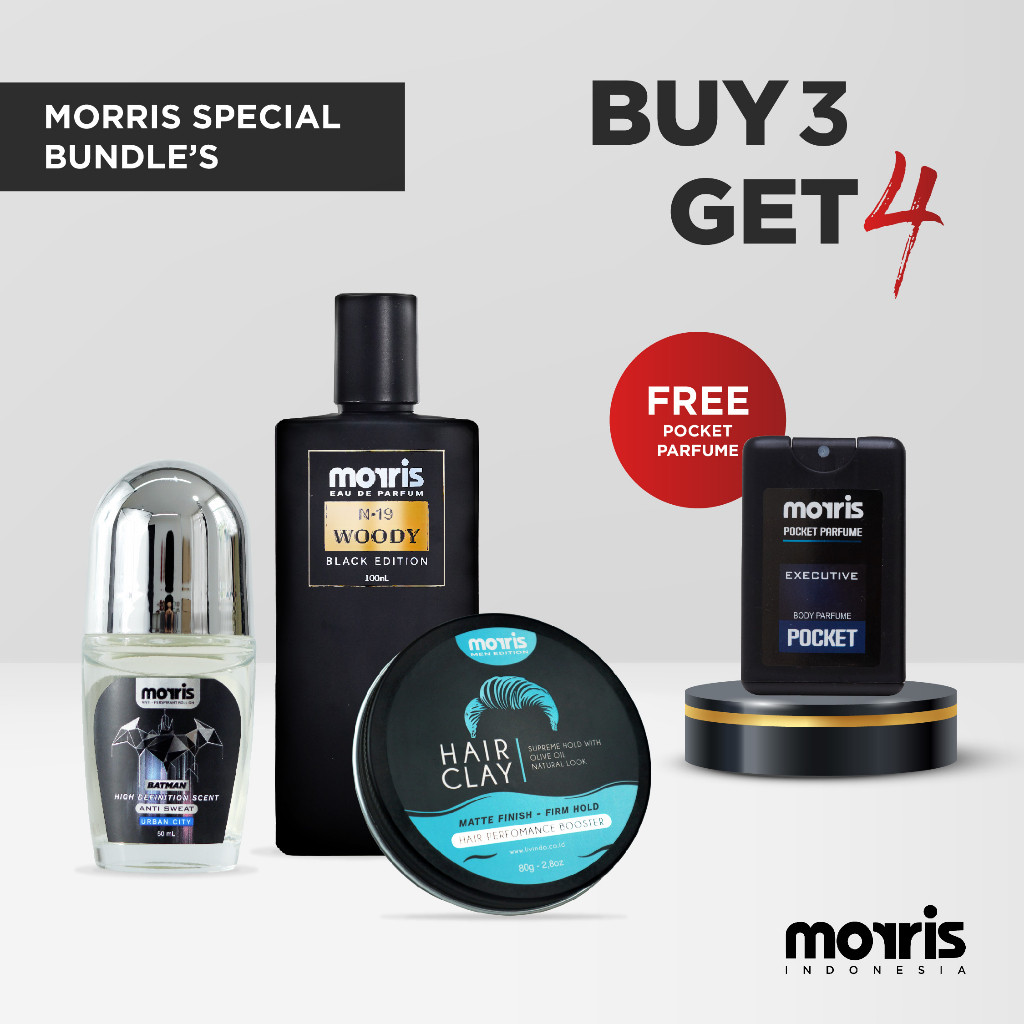 [BUY 3 GET 4] Morris Special Bundles Pack [Black Woody+Hair Clay+Roll On Batman] GRATIS POCKET PARFU