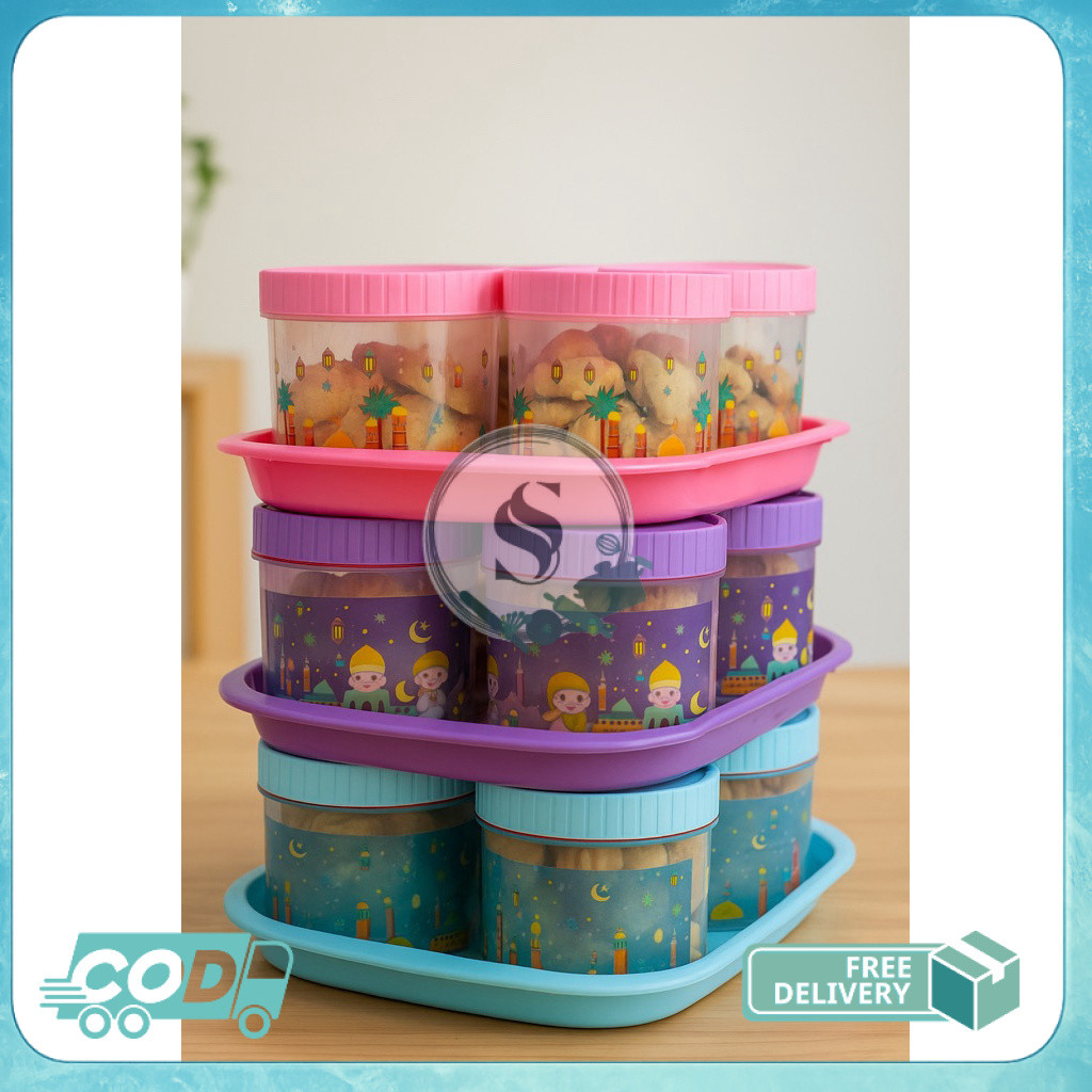 Toples Tabung  Kue Kering Nato Set 7 In 1 Free Nampan Tonam Plastik Toples Jajan BPA Free