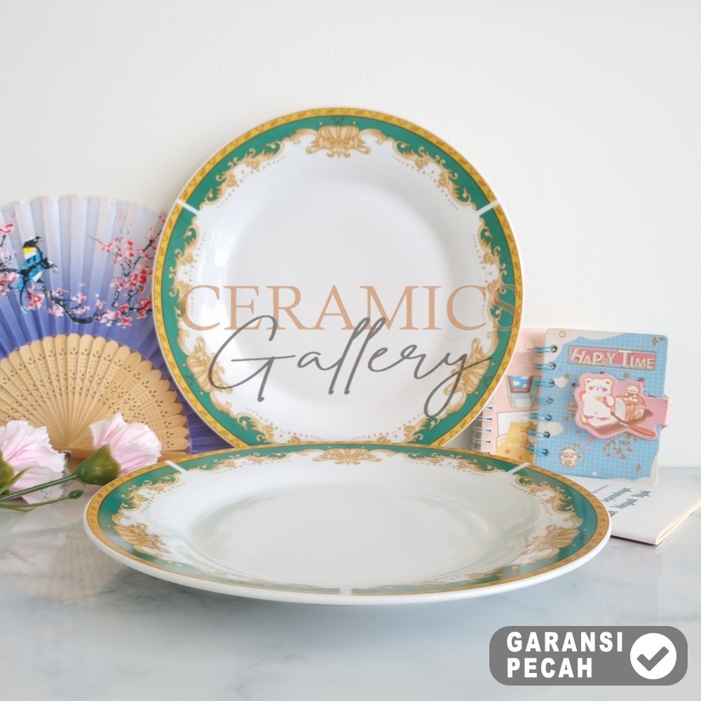 WINSTON 1pcs Piring Keramik MAHKOTA HIJAU 10,5inch Piring Ceper Piring Saji 27cm