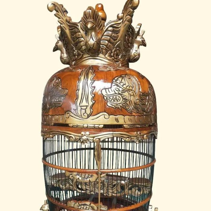 12.12 SALE SANGKAR BURUNG PERKUTUT KUBAH JATI KOMBINASI UKIR NAGA EMAS FULL FINISHING