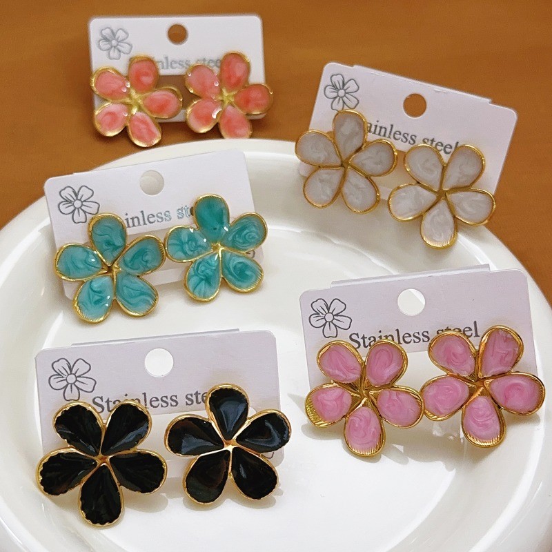 Retro Gold-color Stainless Steel Enamel Resin Drops Plum Blossom Petal Stud Earrings for Woman Girls