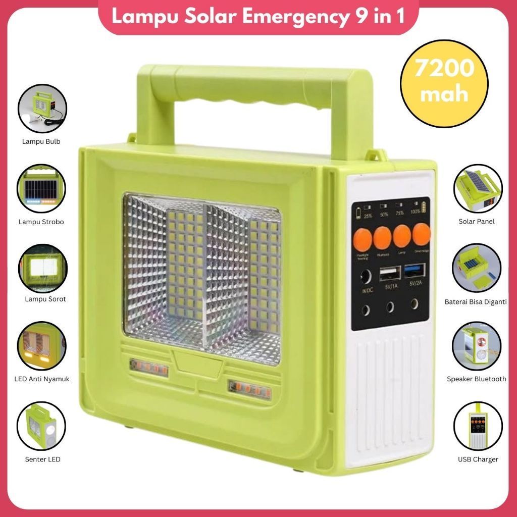 Lampu Solar LED 9 in 1 7200mAh Lampu Sorot Portable Camping Emergency Speaker Bluetooth