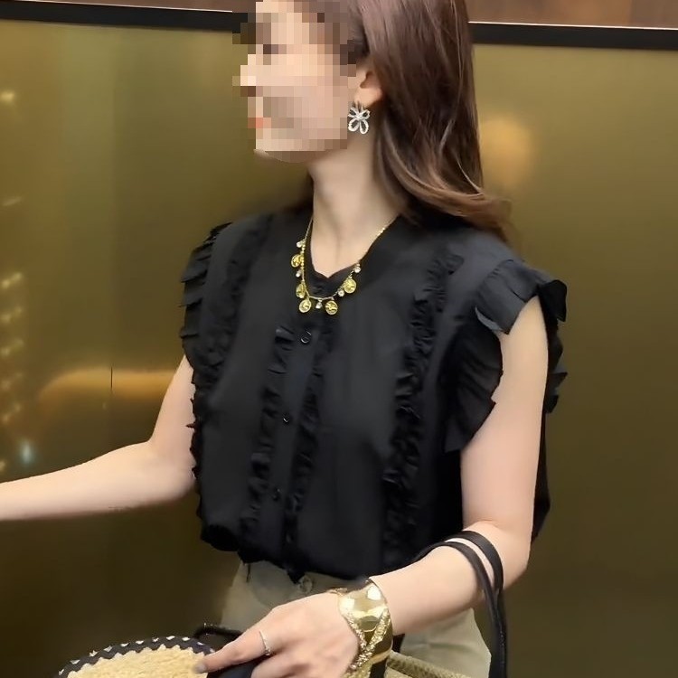 Blus wanita berkualitas tinggi dengan lengan berumbai Blus sifon longgar bergaya Korea