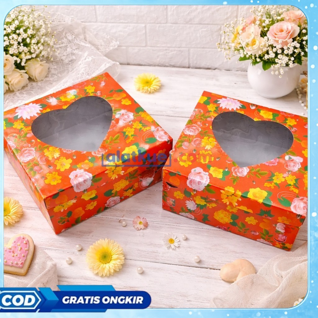 Dos Tart Hati Cetak Motif Mawar Tutup Mika Pisah Box Kue Roti Cake Pudding Hampers Duplex Coated