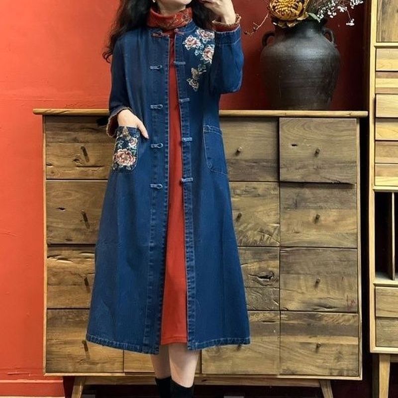 Denim Wanita Artistik Cina Zen Terinspirasi Panjang Sedang Jacket