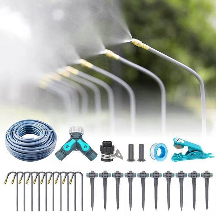 Alat Penyiram Tanaman Paket Irigasi Kebun Sistem Semprot Kabut Selang Air 10 Titik Nozzle Kuningan