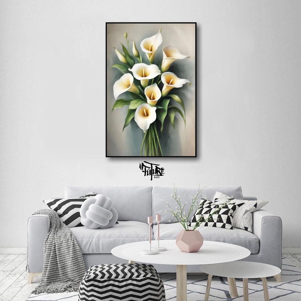 Hiasan Dinding Lukisan Aesthet Bunga Terompet Putih Dengan Bingkai Minimalis - FUTURE ART PAINTIN