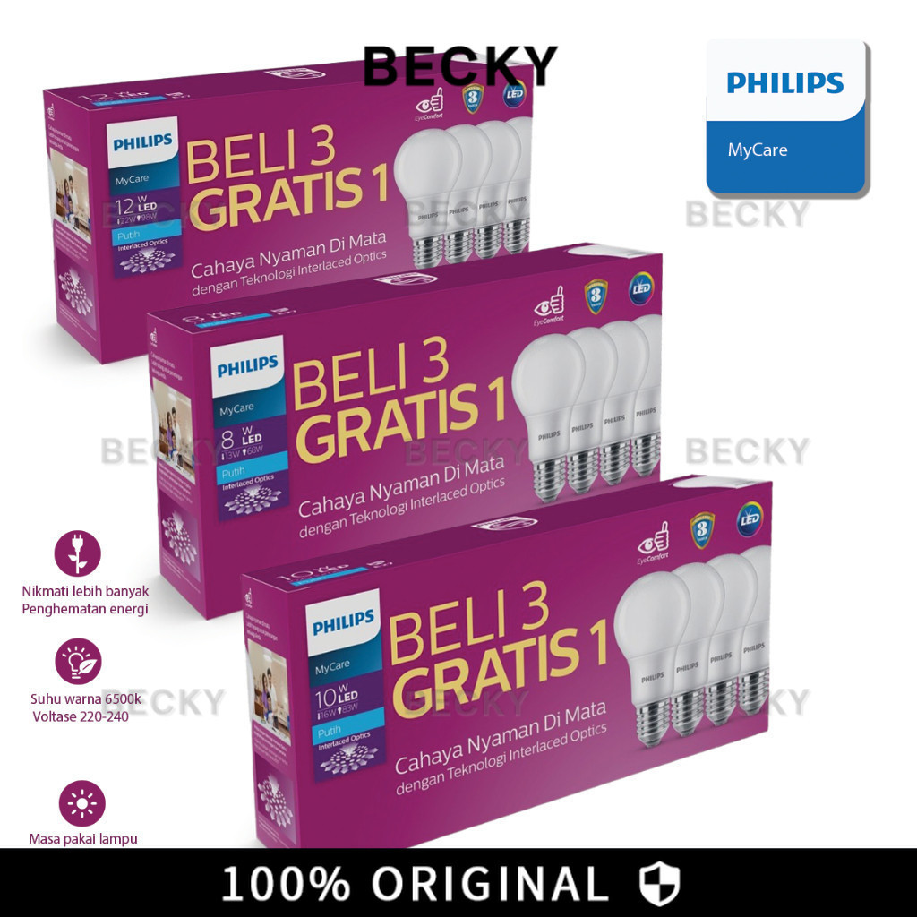 [Beli 3 Gratis 1] Lampu LED Philip Paket 8W 10W 12W 15 Watt Multipack Lampu Led Rumah Led Putih Bulb
