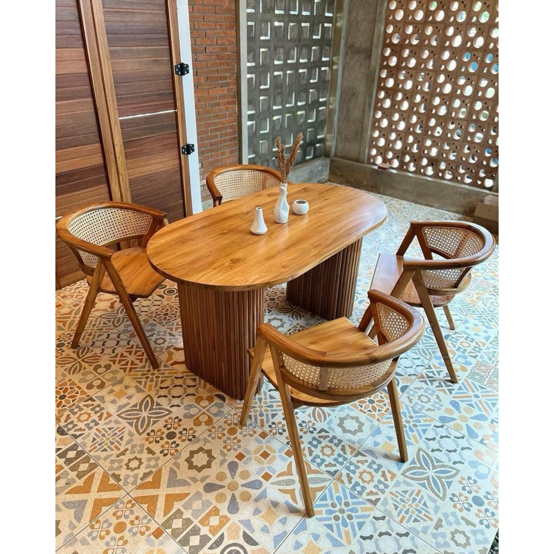 SET MEJA MAKAN SALUR JATI, DINING SET KAYU JATI, DINING TABLE ROTAN MINIMALIS