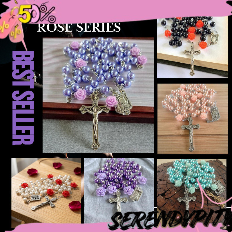 TERBAIK Kalung Rosario Katolik Mutiara Mawar Aksesoris Rohani Wanita Souvenir FREYA