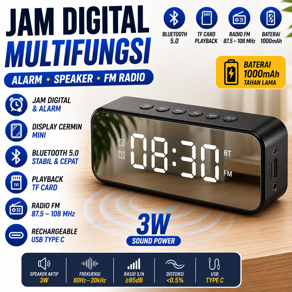Jam Digital Alarm Bluetooth Speaker FM Radio Cermin Mirror Display Jam Meja Kamar Tidur Minimalis Mo