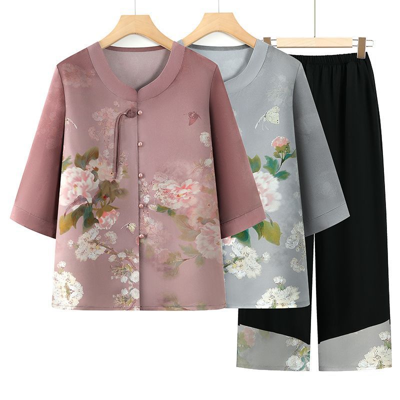Setelan Atasan Wanita Ibu-Ibu Lansia Lengan Sedang Musim Panas Model Elegan Baju Dua Potong Nyaman
