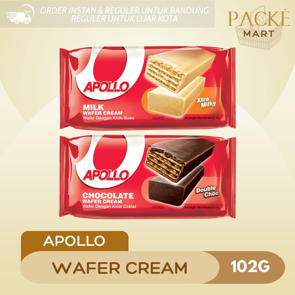 Apollo Wafer Cream 102g ( 6 Pcs x 17g ) / Wafer Salut Dengan Krim Susu / Coklat
