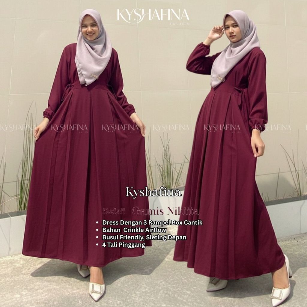 Kyshanifa - Gamis Basic Nikita maroon meah tua merah hati sleting depan busui Crinkle Navy XL