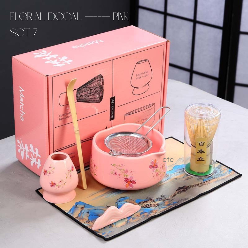 PREMIUM Matcha Tea Set Jepang 7 in 1 Lengkap Floral Decal | Chawan Motif Bunga Decal | Aesthetic Coq