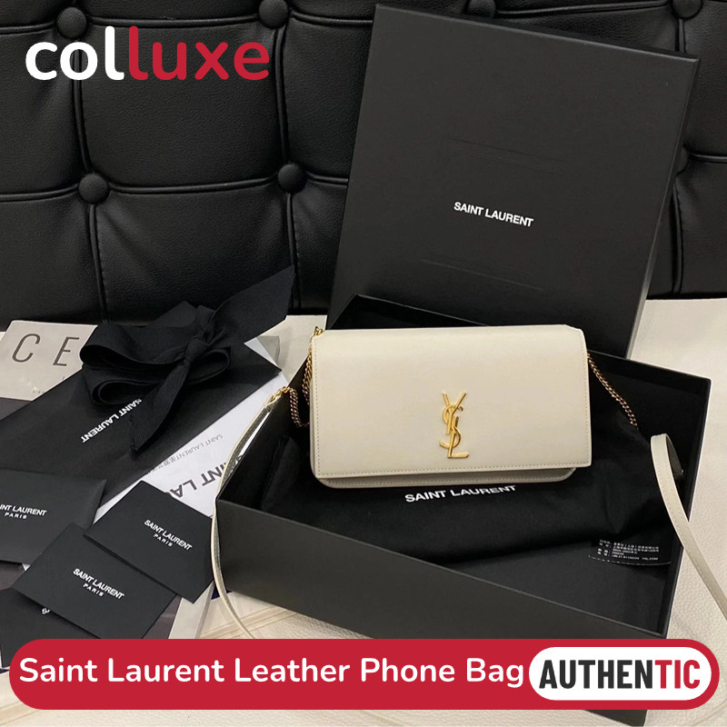 Saint Laurent YSL CASSANDRE Smooth Leather Phone Bag Tas Wanita Putih Hitam MONOGRAM