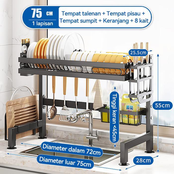 E-Kitchen Store Rak cuci piring wastafel rak dapur anti karat rak piring dengan akseso - 75cm 1 lapi