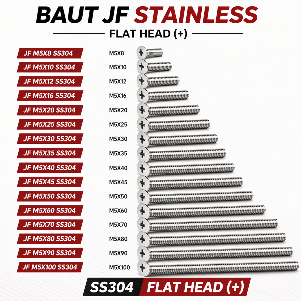 Baut JF M5X100 Machine Screw M5 X 100 Flat Head 5X100 Baut Obeng + Kepala Rata Stainless SS304