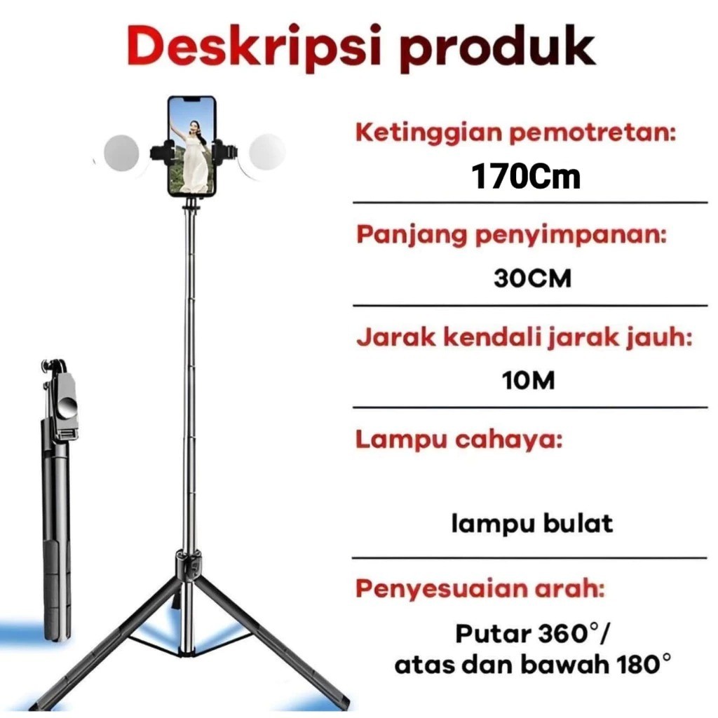 (Gajah_Duduk) OCEANBLUE Tripod Remote Z6D 170CM Tongsis Konten Kreator Holder Handphone Hp 2 Lampu