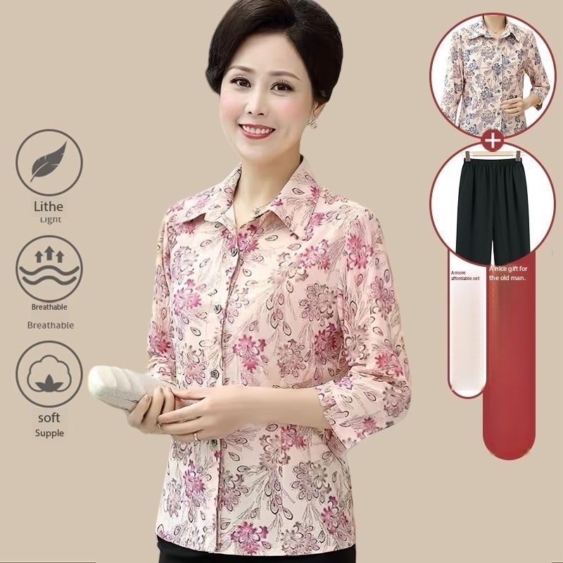 Setelan Kemeja Tipis Nenek Pakaian Wanita Lansia Musim Panas Kerah Balik Wanita Tua Baju Nenek Satu 