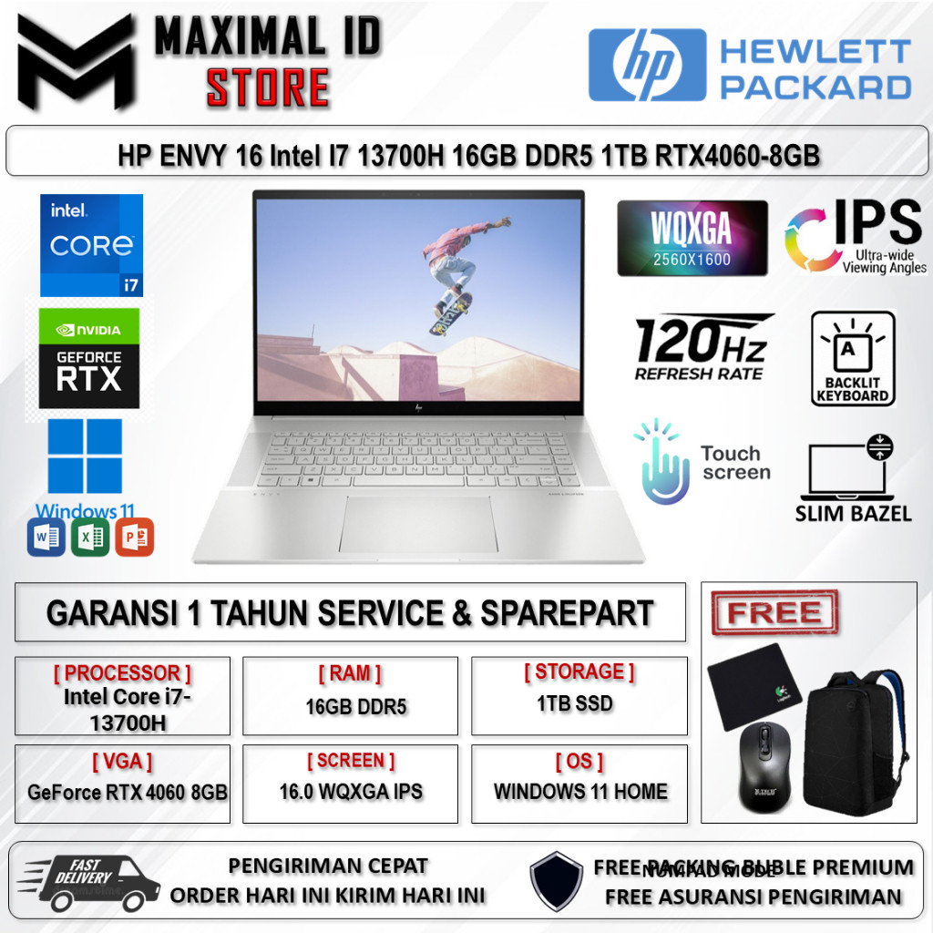 Laptop HP ENVY 16 Intel I7 13700H 16GB DDR5 1TB RTX4060-8GB 16.0 WQXGA IPS 120HZ Touch BL Win11Home