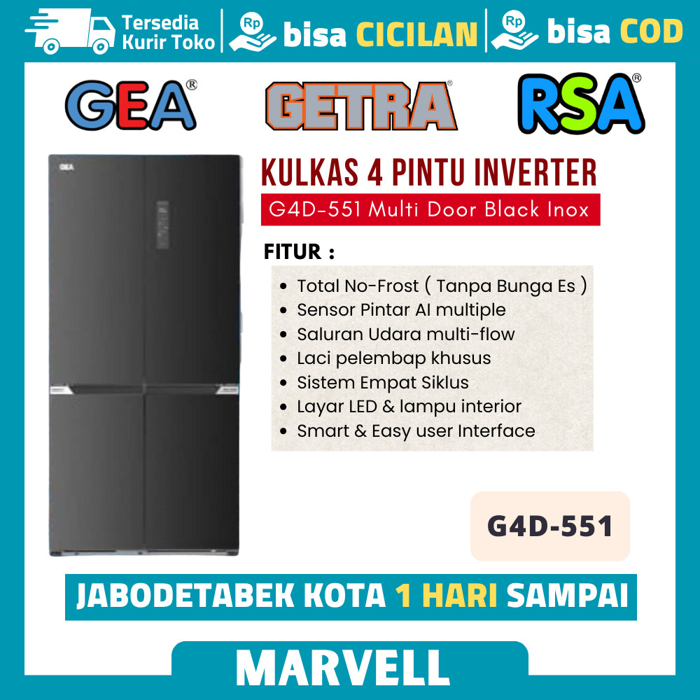 Gea G4D 551 G4D-551 Kulkas Side By Side 4 Pintu Inverter 551 Liter