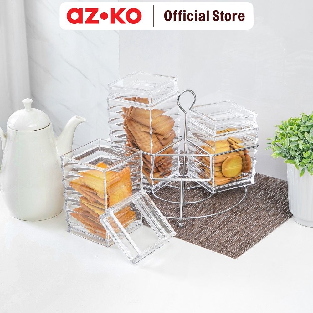 AZKO Krishome Set 3 Pcs Stoples Dengan Rak Jar Tempat Simpan Snack Dan Permen Setoples Toples Serbag