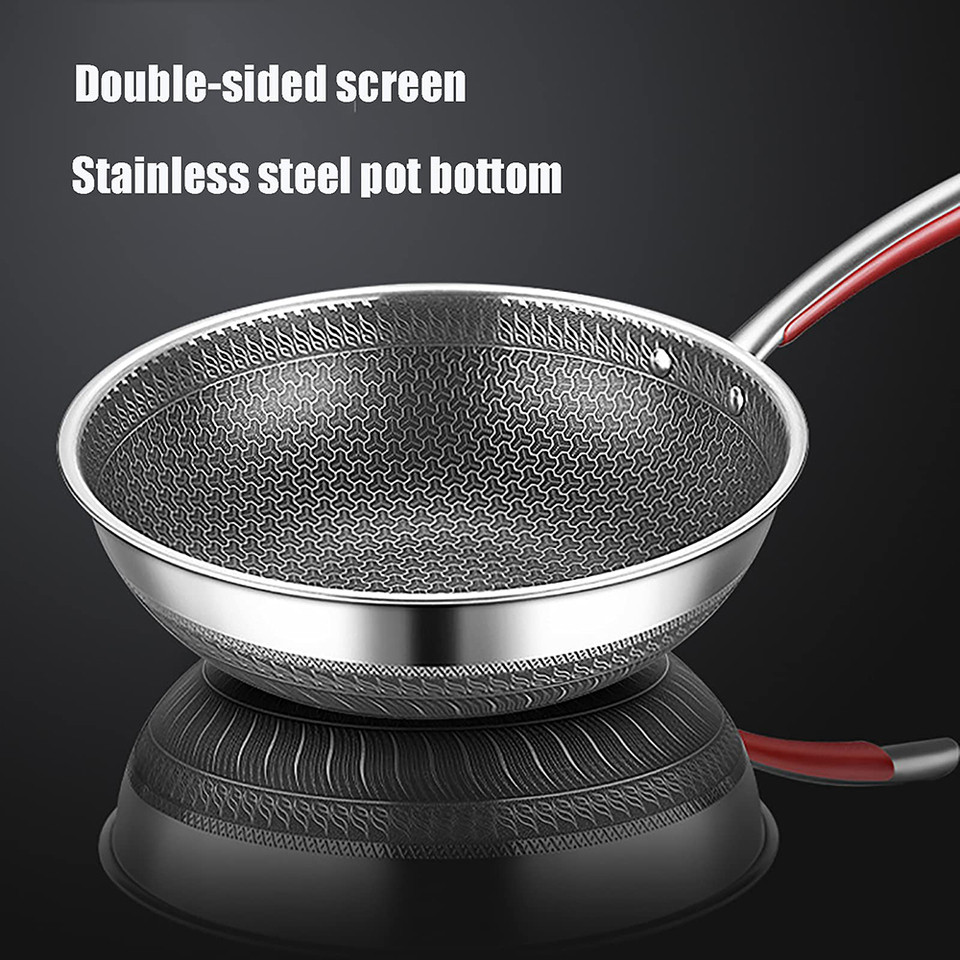 New Non-stick Pan Double-sided Honeycomb 304 Stainless Steel With Lid Wok Without Oil Smoke Frying P