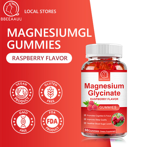 BBEEAAUU Magnesium Glycinate 500mg Gummies Suplemen Rasa Raspberry untuk Mendukung Tidur, Kesehatan 