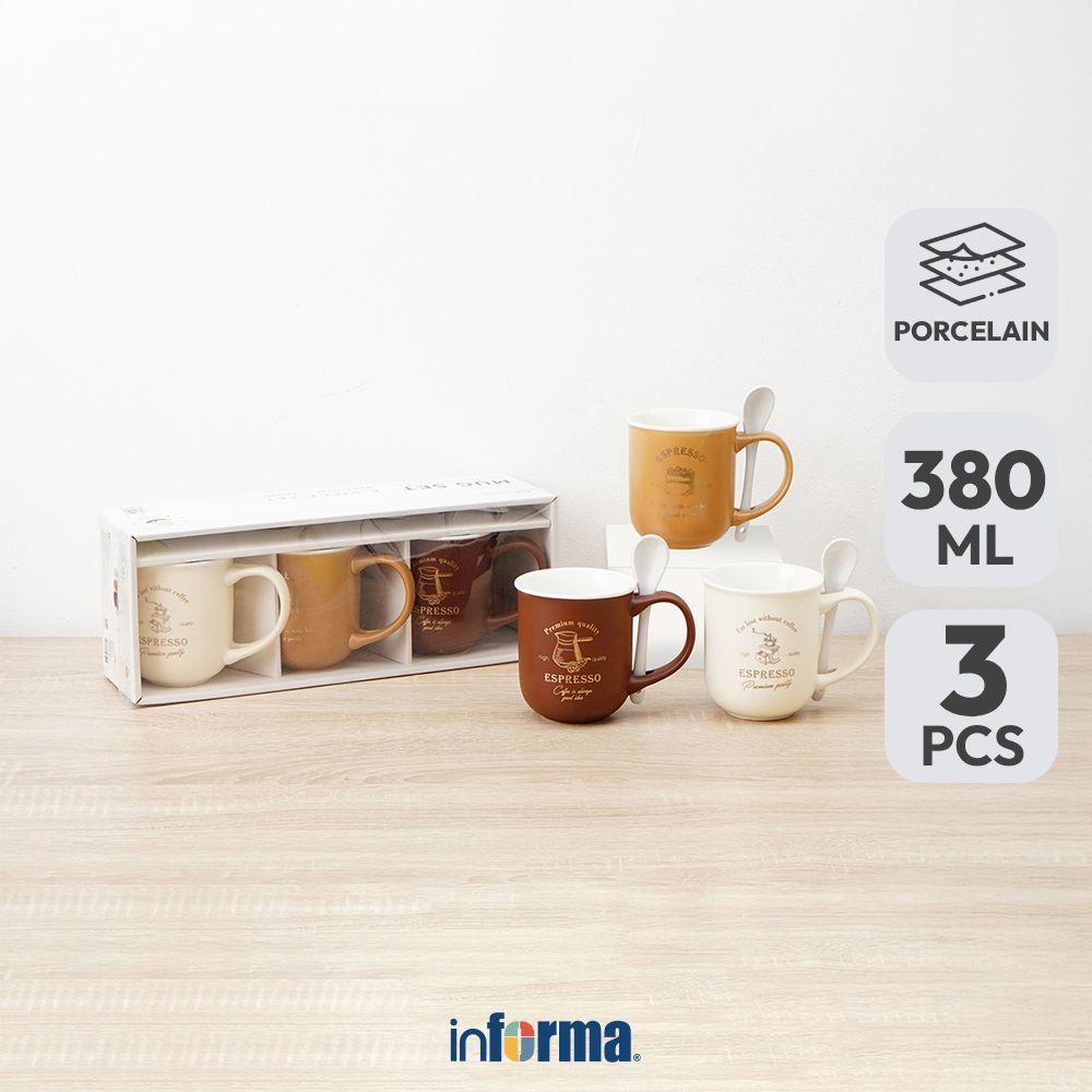 Informa Appetite Hazel Mug Porcelain Dengan Sendok 380 ml Set 3 Pcs - Mix Gelas Minum Tea Cangkir Ko