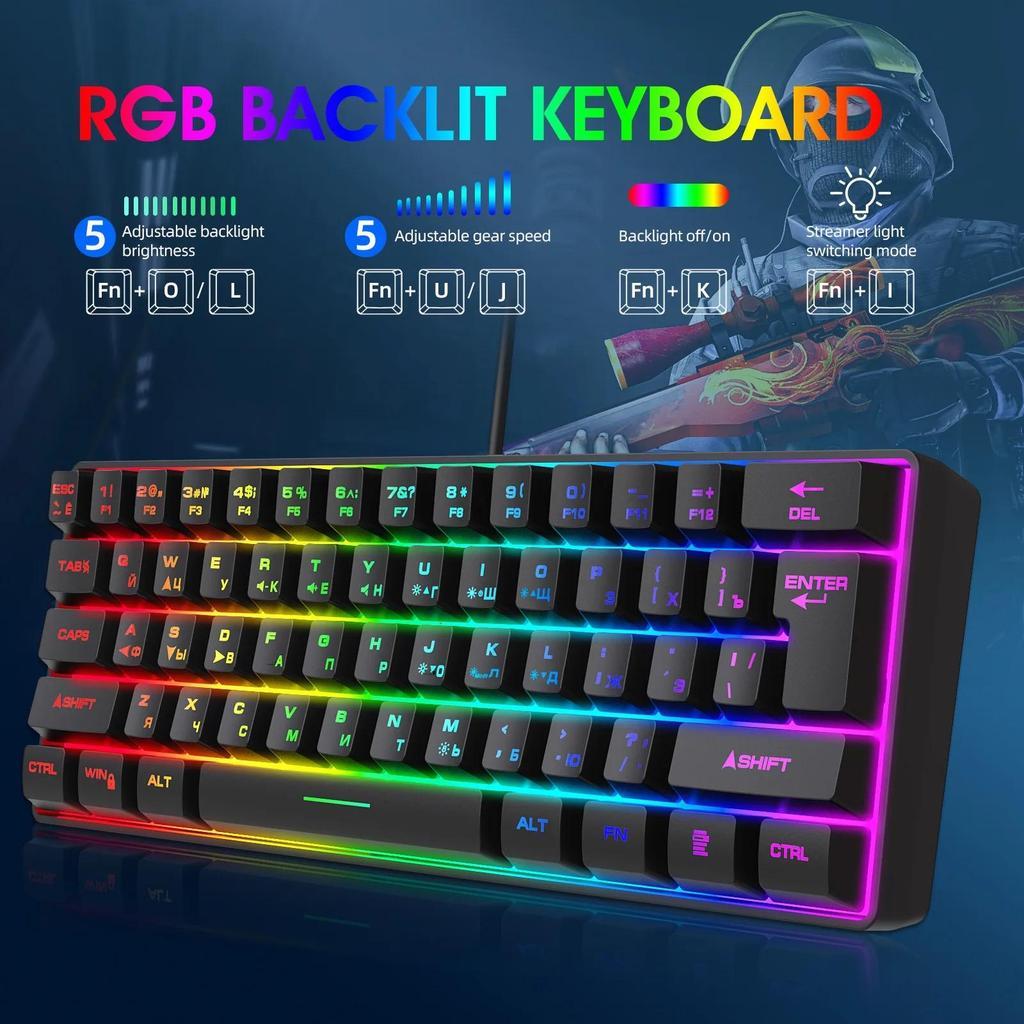 Gaming Keyboard RGB Backlit Mechanical Feel 61 Keys Wired 60% Ergonomis Anti Ghosting Free Conflict 