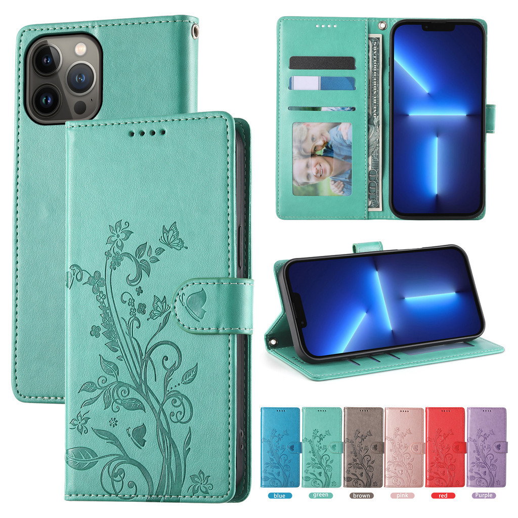 Flip Case for iPhone 17 Air 16e 16 15 Pro Max 14 Plus Butterfly Flower PU Leather Cover Wallet With 