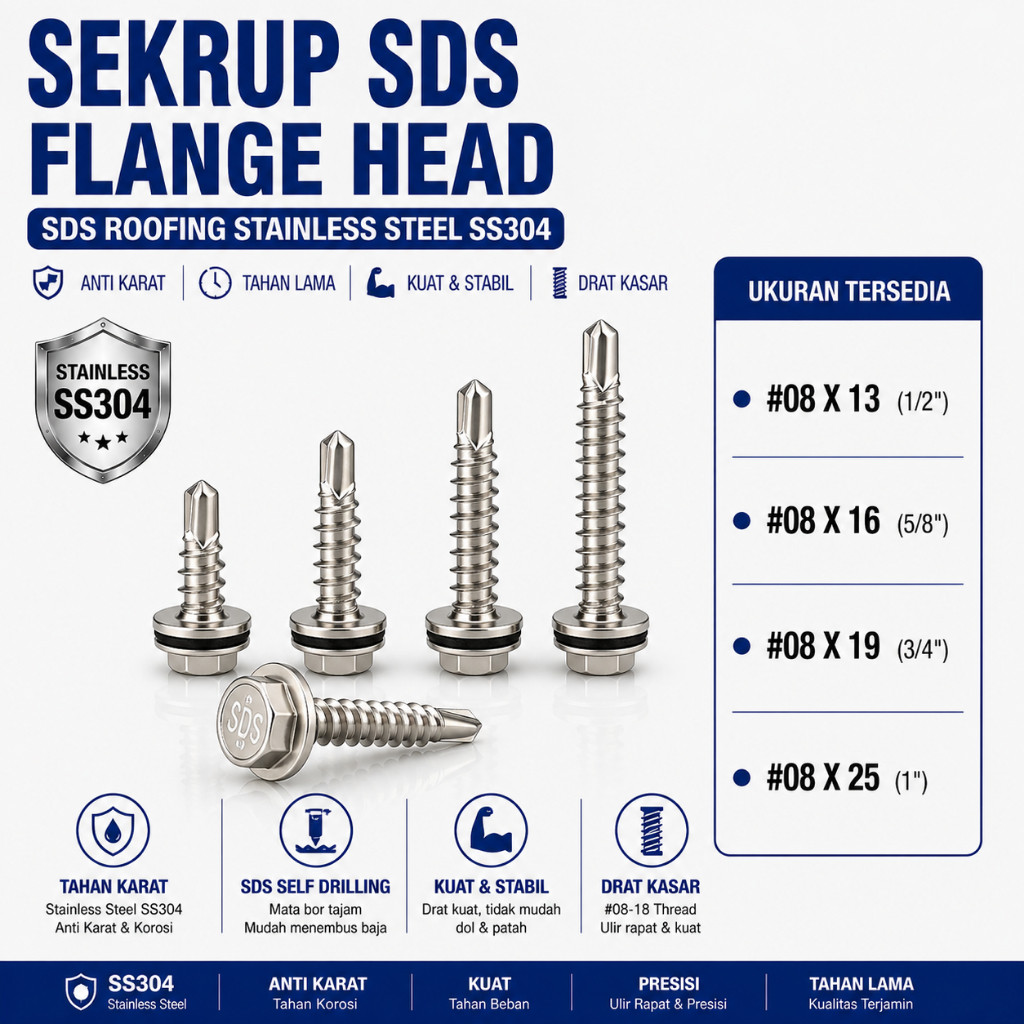 Sekrup SDS Flange Head #08X25 / SDS Roofing #08-18 X 1  Drat Kasar Stainless SS304