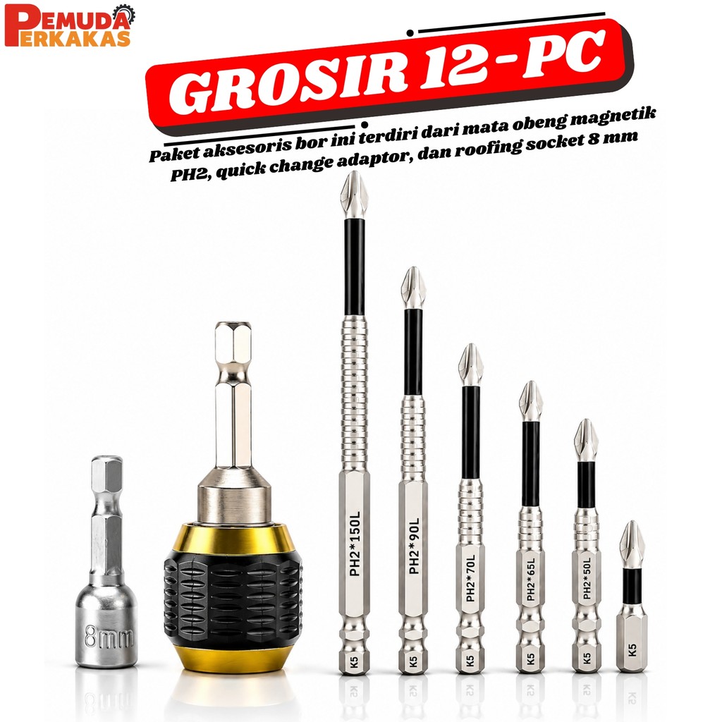 PAKET 8 PCS Phillips Bit Magnet Kuat Anti Slip Kekerasan Tinggi Bagol Chuck Bor Adaptor Pengganti Ce