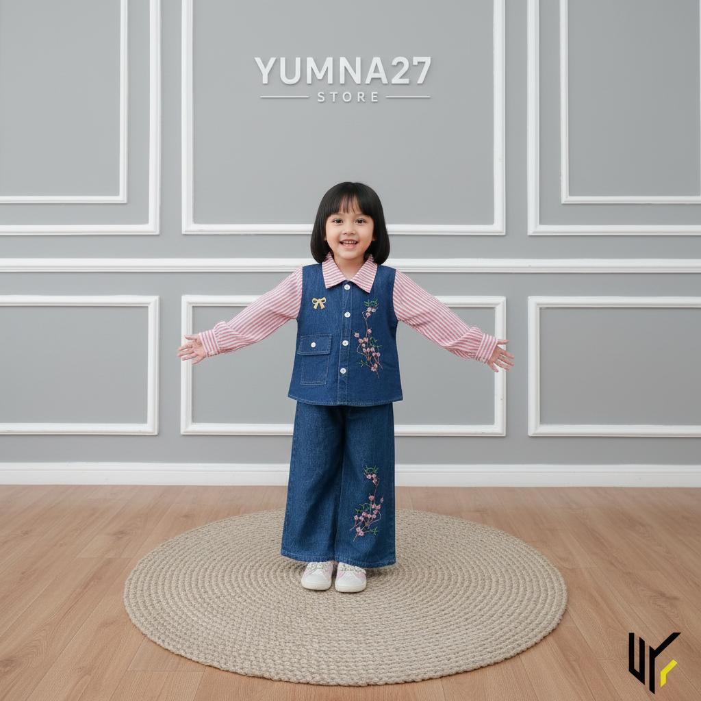 YUMNA27 Setelan Jeans Anak Perempuan 3-12 Tahun Bahan Premium Denim 6.5oz & Kulot Salur Bordir Canti