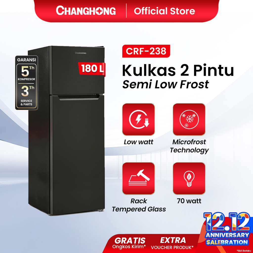 Changhong  Kulkas 2 Pintu Refrigerator Kapasitas 180 Liter - CRF238 Black