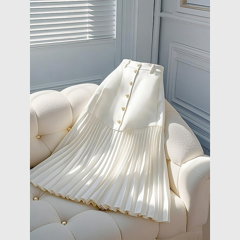 Rok Panjang Putih Profesional Berlipit Patchwork dengan Pinggang Tinggi