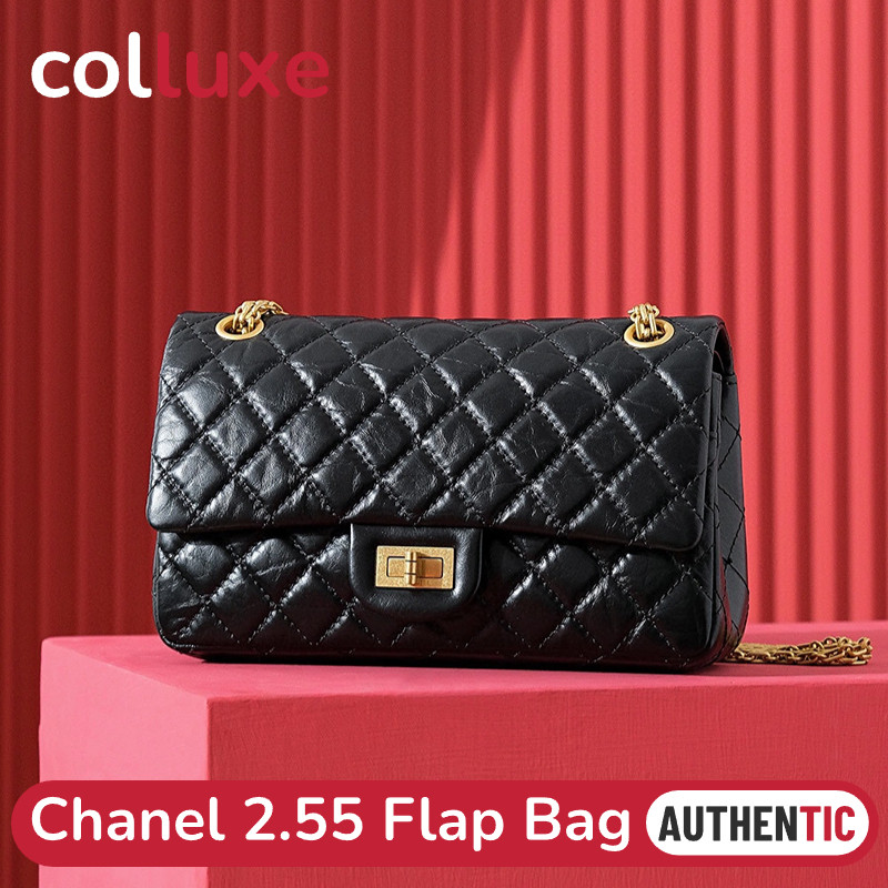 Tas Chanel 2 55 Flap Bag CF Tas Bahu Kulit Sapi tas bahu wanita hitam