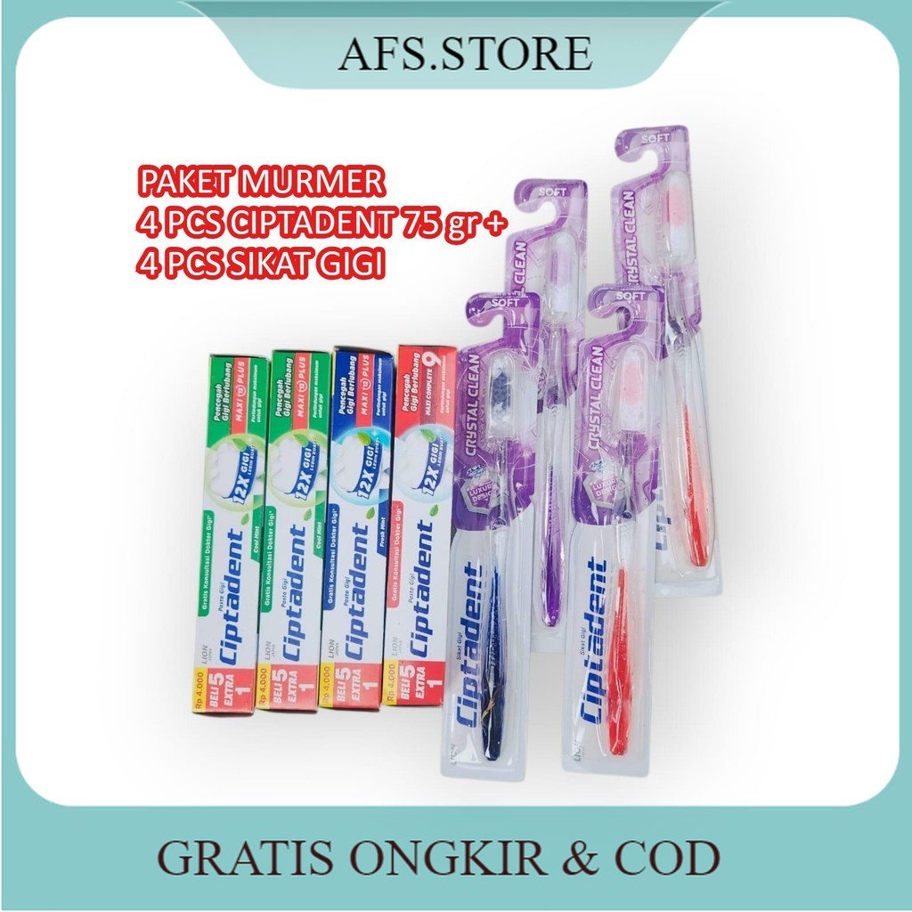 PAKET HEMAT 4 pcs Pasta Gigi CIPTADENT 75 gr + 4 Pcs Sikat Gigi CIPTADENT