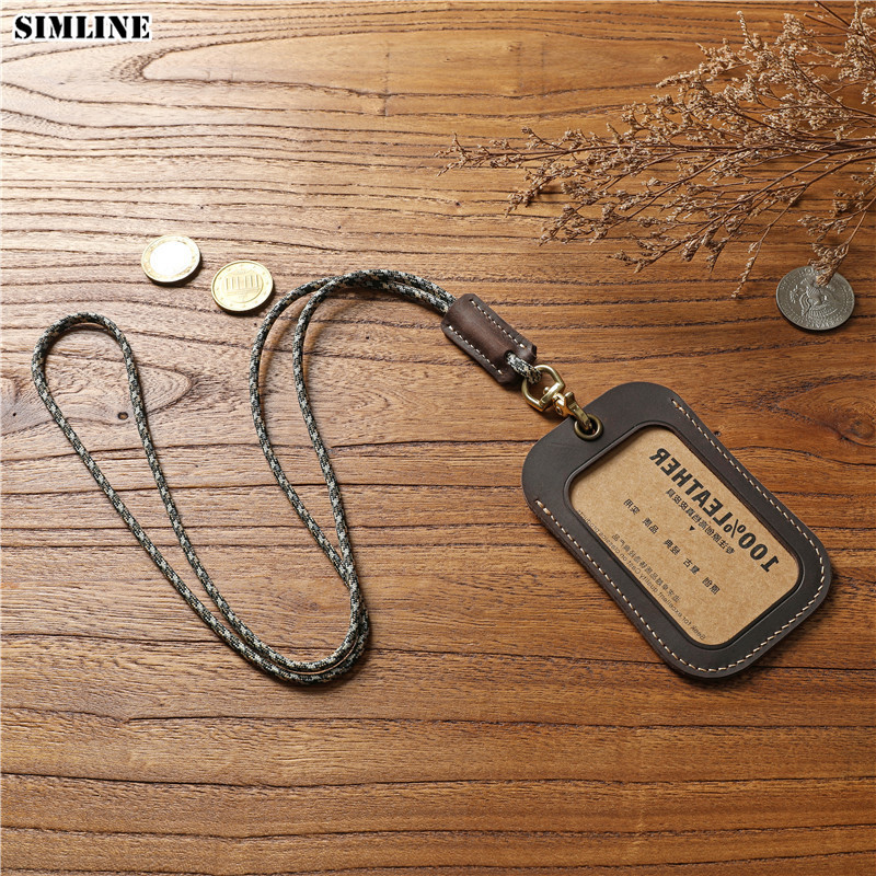 

Genuine Leather Badge Holder For Men Women Vintage Handmade Original Cowhide ID Employee Work Bus Card Case Cover With Lanyard