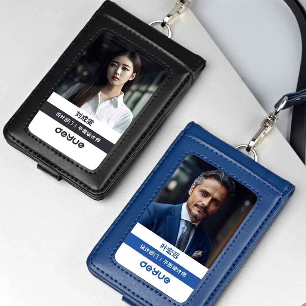 

Leather ID Tag Badge Holder Buckle Protective Employee Pass Work Card Case Photocard with Lanyard Flip Chest Card Bag