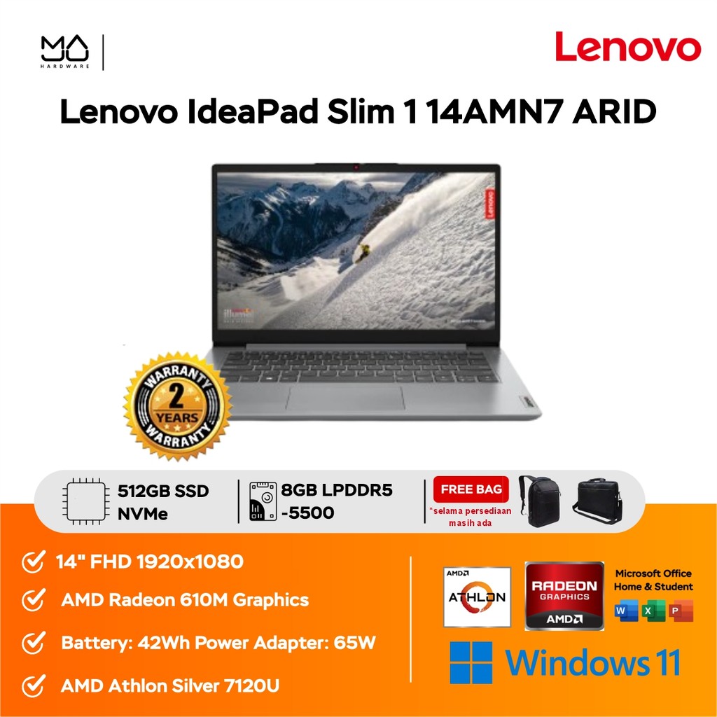 Lenovo IdeaPad Slim 1 14AMN7 ARID AMD Athlon Silver 7120U Win11 8GB Soldered 512GB SSD 14" FHD TN 22