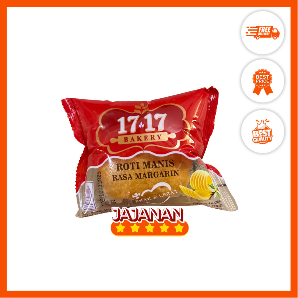 

Roti Manis 17.17 Bakery Rasa Margarin/Keju/Coklat/Nanas 50gr | Jajanan Snack Grosir Termurah